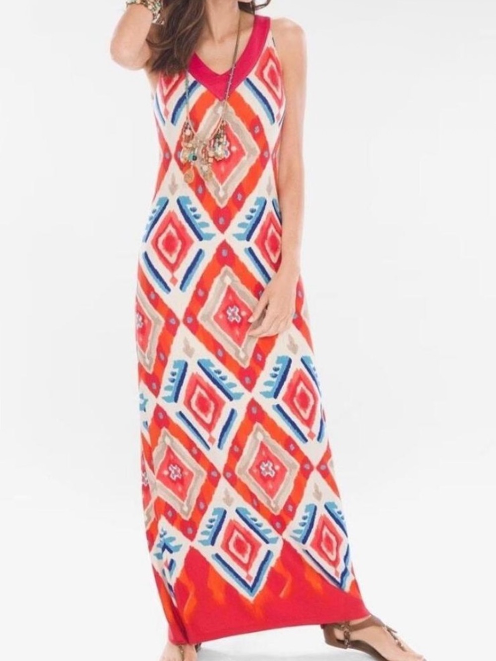 Chicos red diamond long maxi light dress size 8